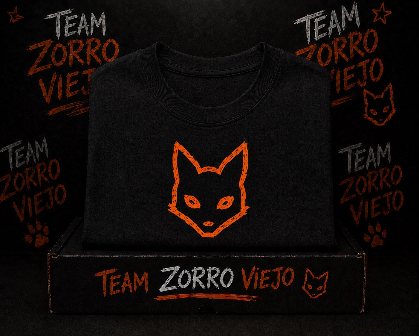 Camisa negra Team Zorro Viejo con logo zorro naranja